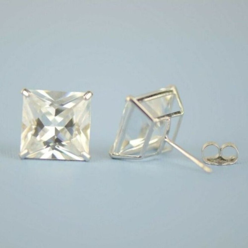 Solid 14k White Gold Princess Cut Clear Basket Push Back Stud Earrings Sz10x10mm - Picture 10 of 10